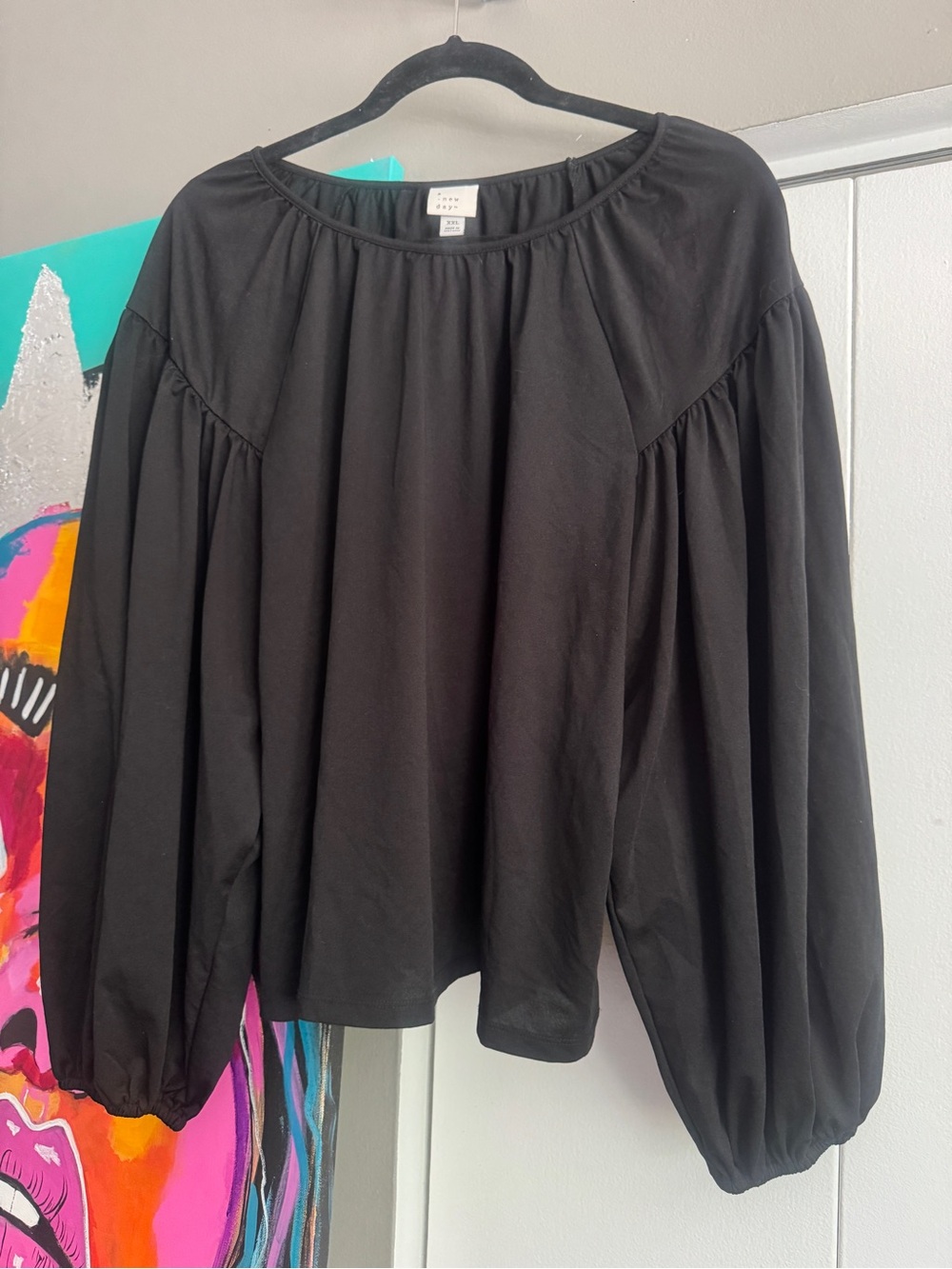 A New Day Black Pleated Scoop Neck Balloon Sleeve Blouse XXL